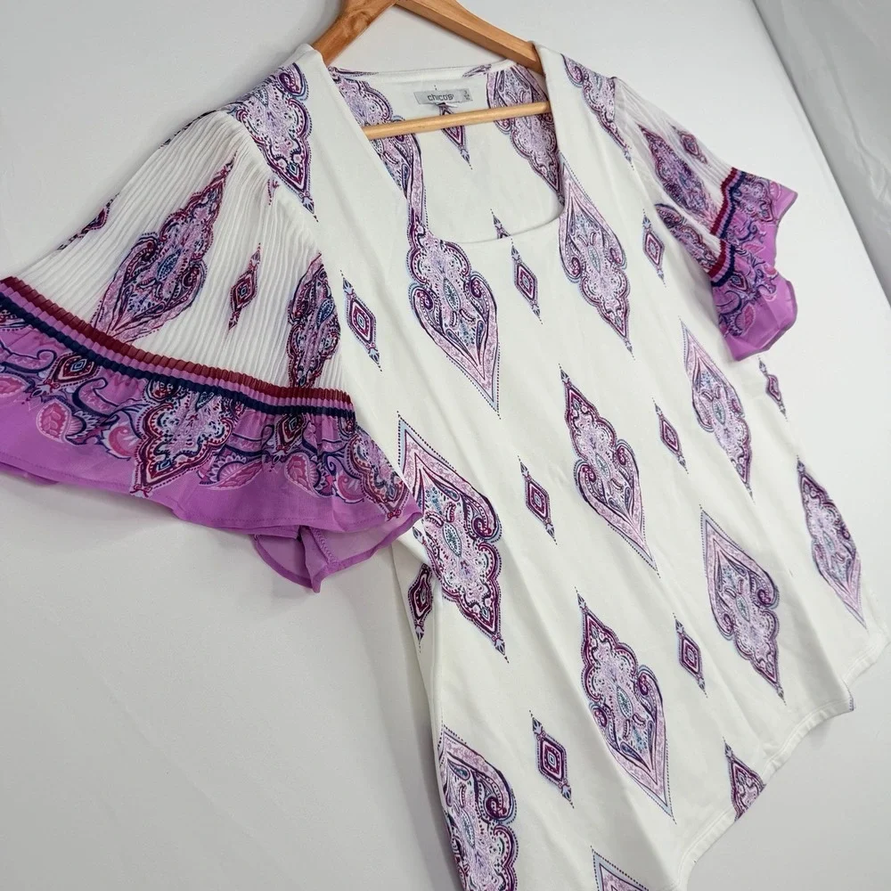 Chico's Knit Square Neck White Purple Paisley Chiffon Flutter Sleeve Top SZ-3-XL